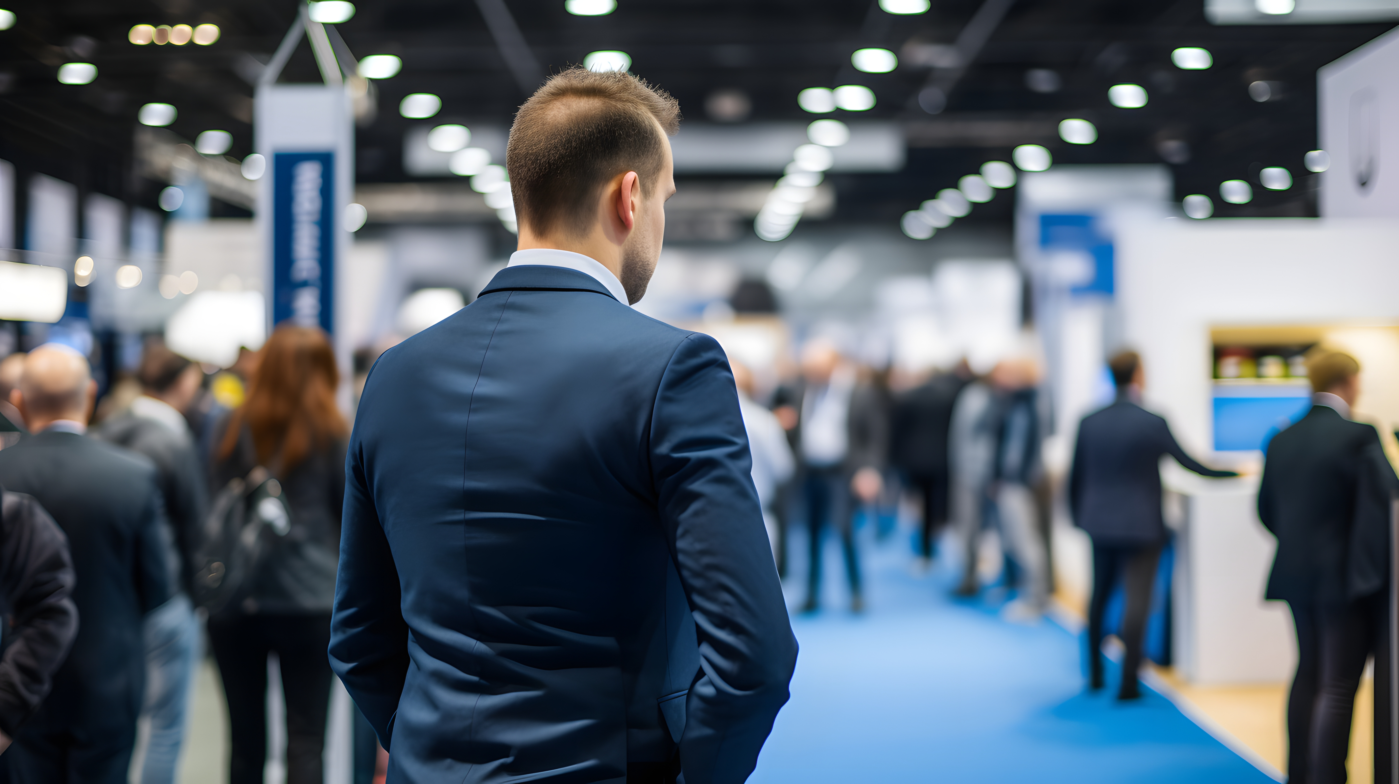 Back view of business executives standing in exhibition hall